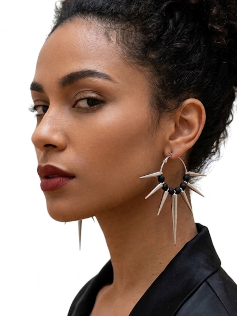 NWT Silver Spiked Hoop Earrings Black Beaded Punk Gothic Statement
C4